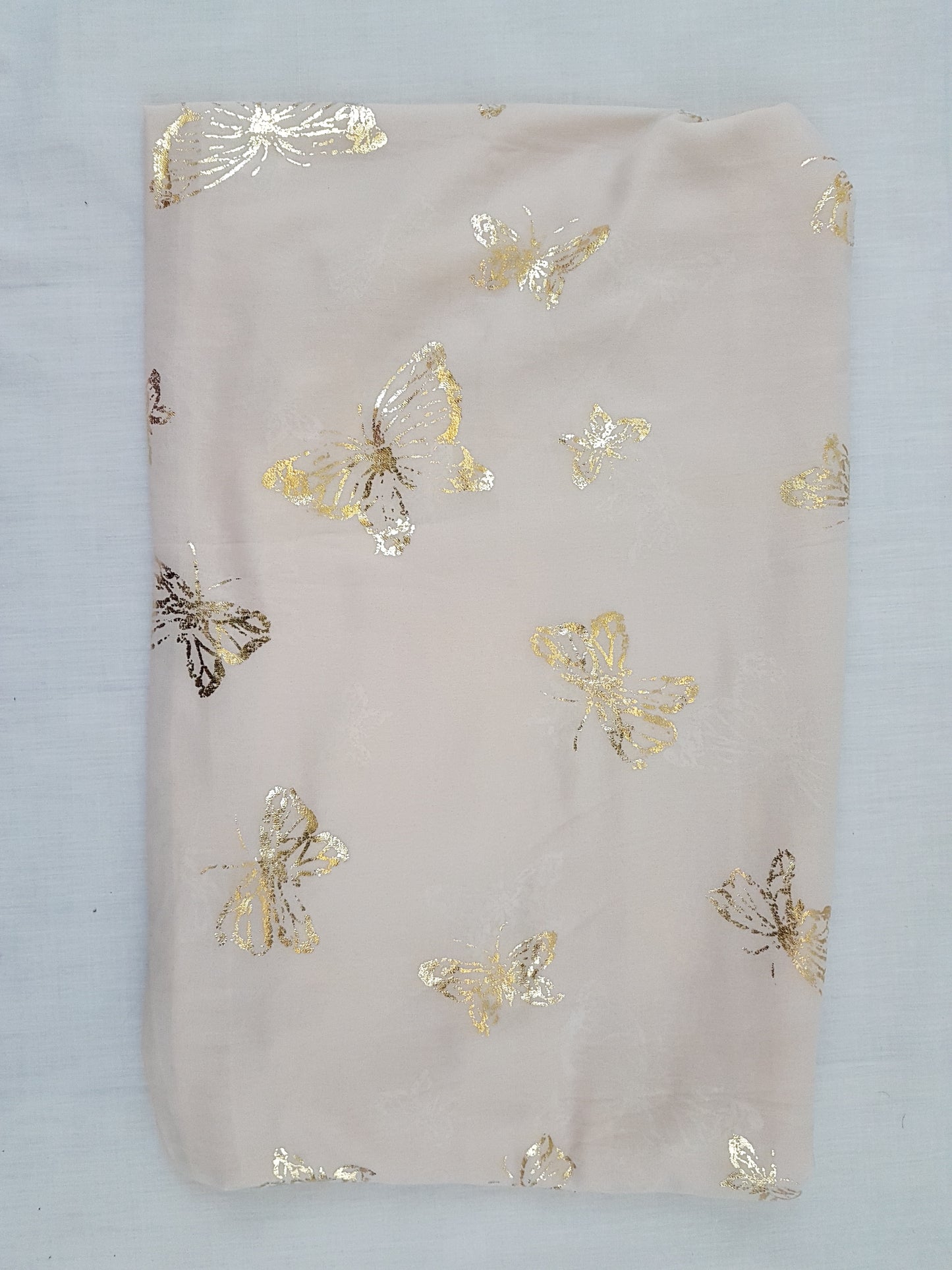 Peach Cream Chiffon Gold Butterfly Pattern Print Chiffon Fabric