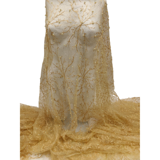 Gold Embroidery Pearl GlitterTulle Net Lace Fabric