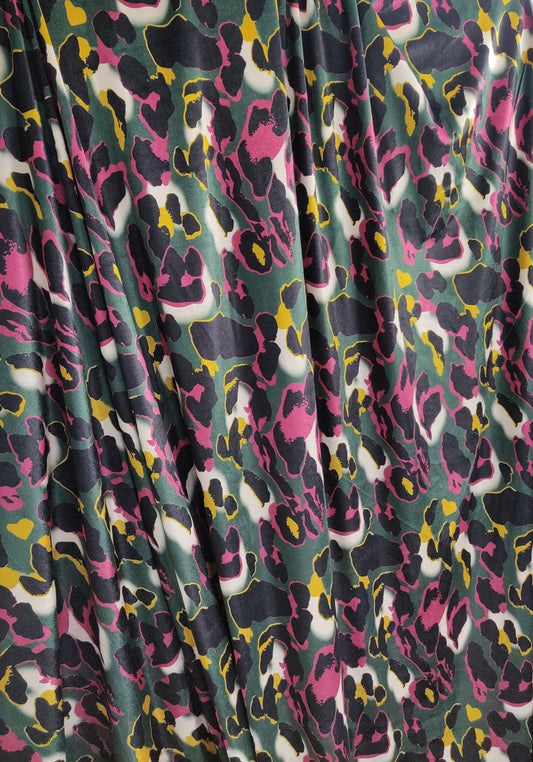 Green Yellow and Pink Printed Velvet Fabric