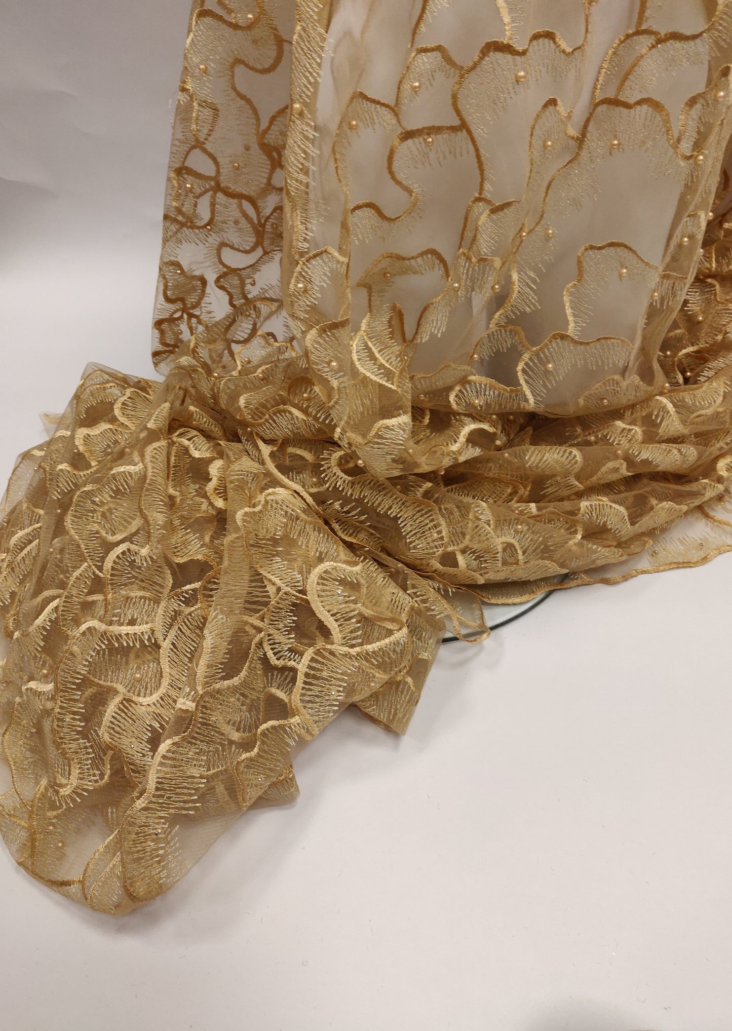 Gold Embroidery Pearl Tulle Net Lace Fabric