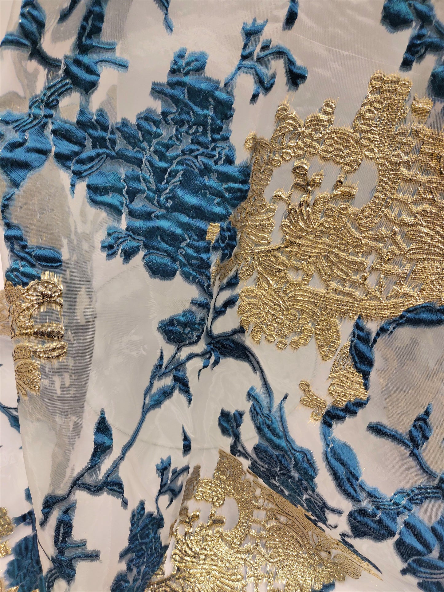 Teal and Gold Organza Brocade Fabric