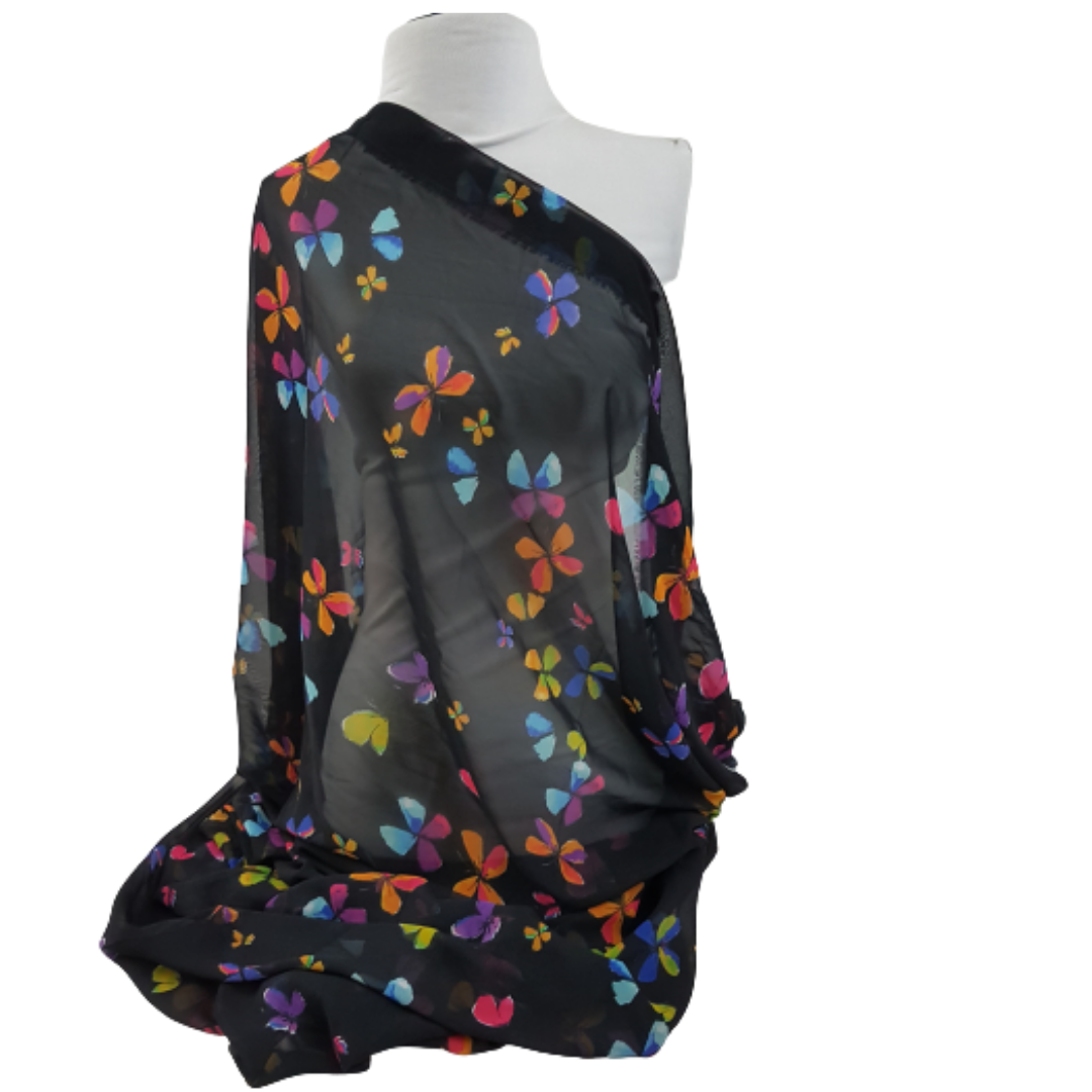 Black Colourful Butterfly Pattern Print Chiffon Fabric