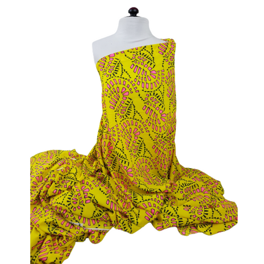 Yellow and Pink Abstract Print Georgette Crepe Fabric
